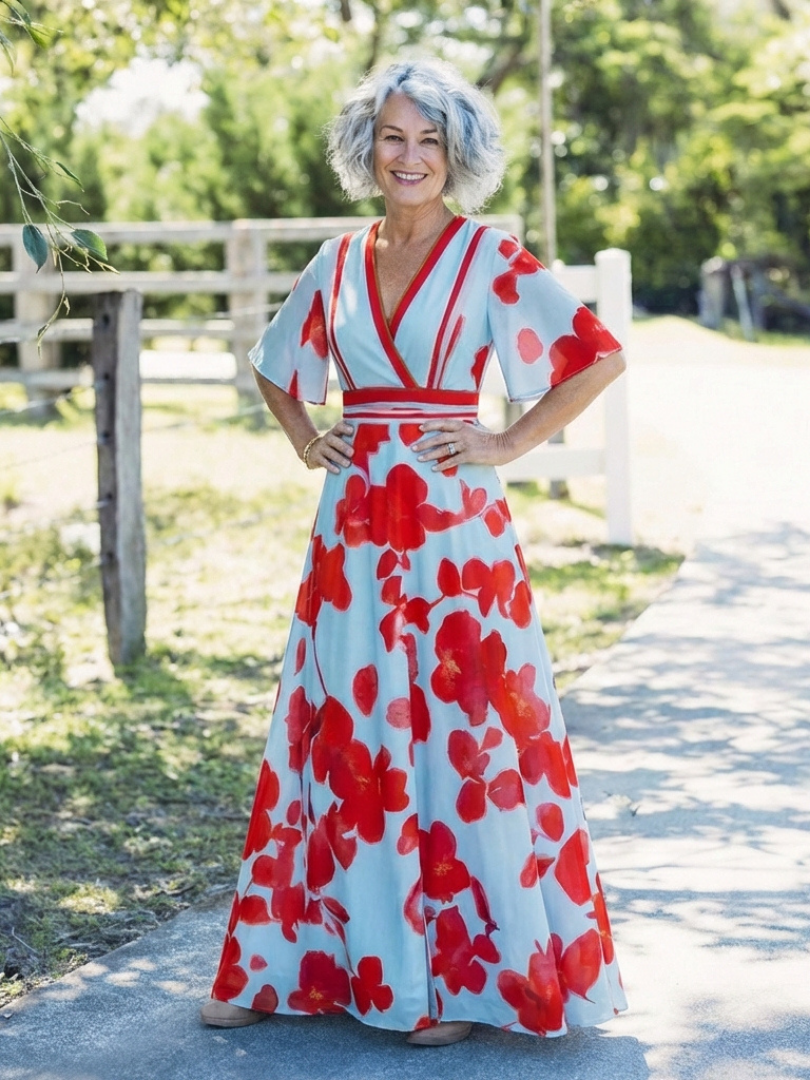 Ellis & Johnson™  | Abito Maxi Floreale con Maniche Corte e Scollo a V
