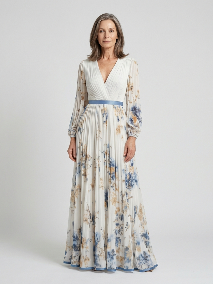 Ellis & Johnson™  | Abito Maxi a V con Maniche Lunghe e Fantasia Floreale