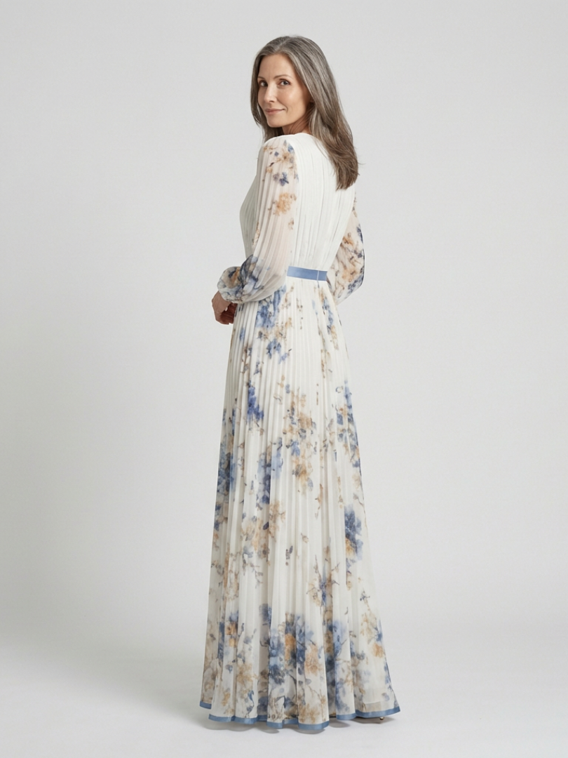 Ellis & Johnson™  | Abito Maxi a V con Maniche Lunghe e Fantasia Floreale