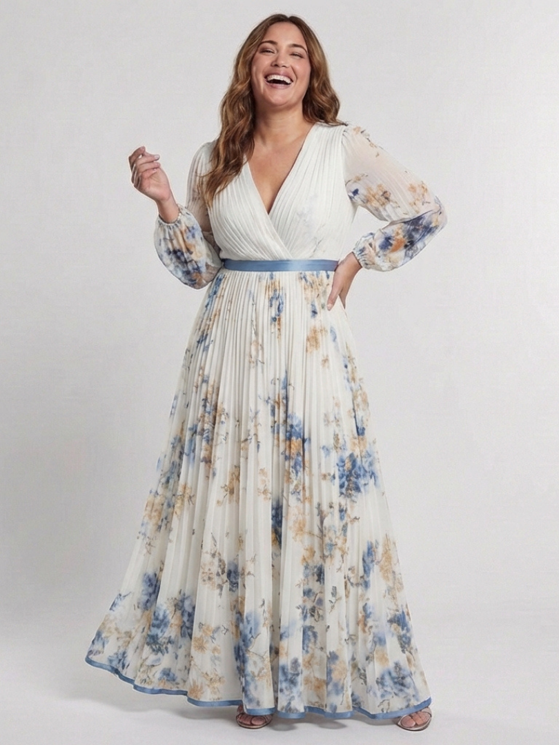 Ellis & Johnson™  | Abito Maxi a V con Maniche Lunghe e Fantasia Floreale