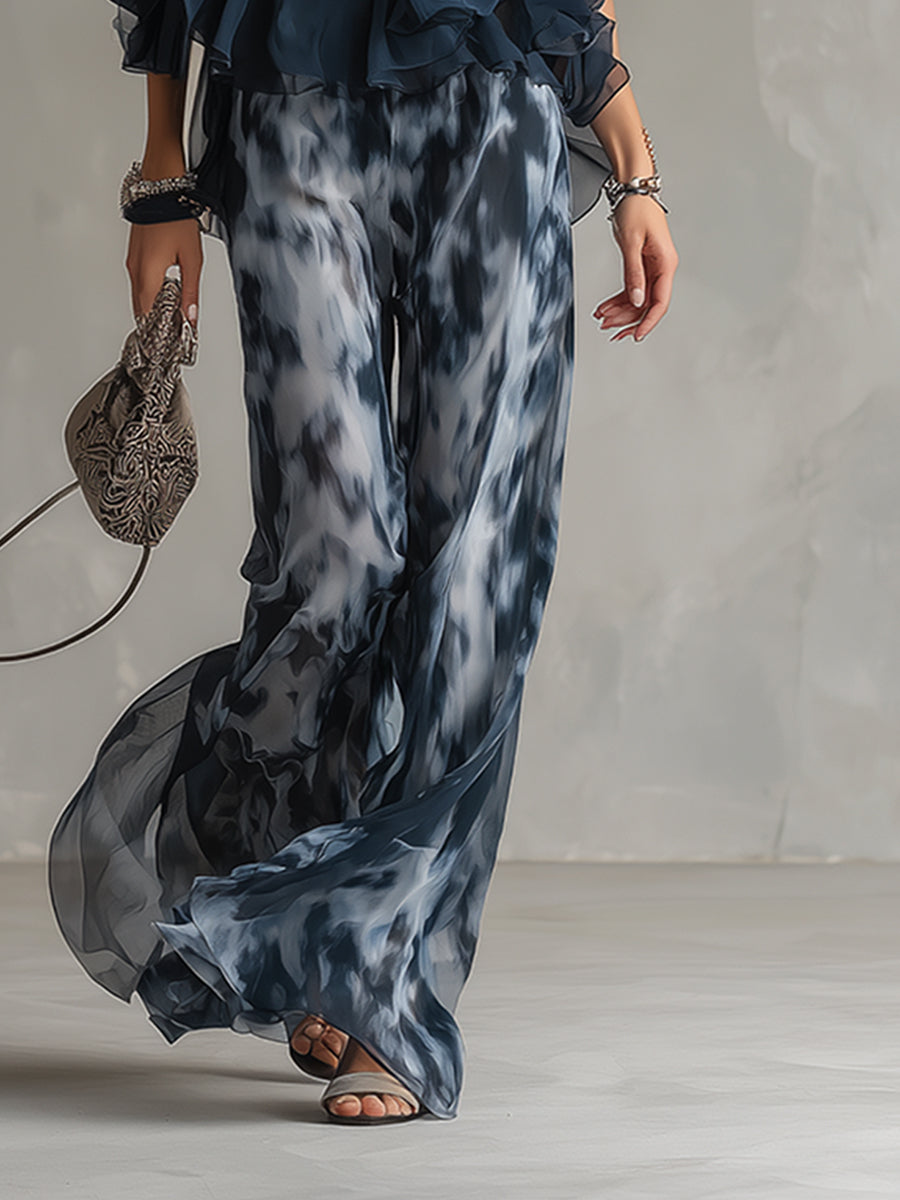 Lilla – ensemble elegante in chiffon con top a collo alto e pantaloni a gamba larga con motivo