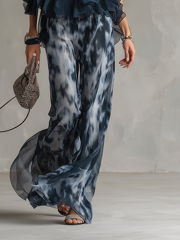 Lilla – ensemble elegante in chiffon con top a collo alto e pantaloni a gamba larga con motivo