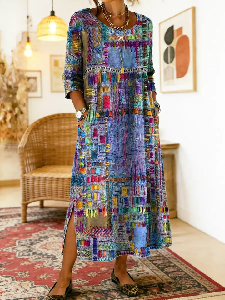 Manuela | Vestito Stampato con Patchwork Etnico