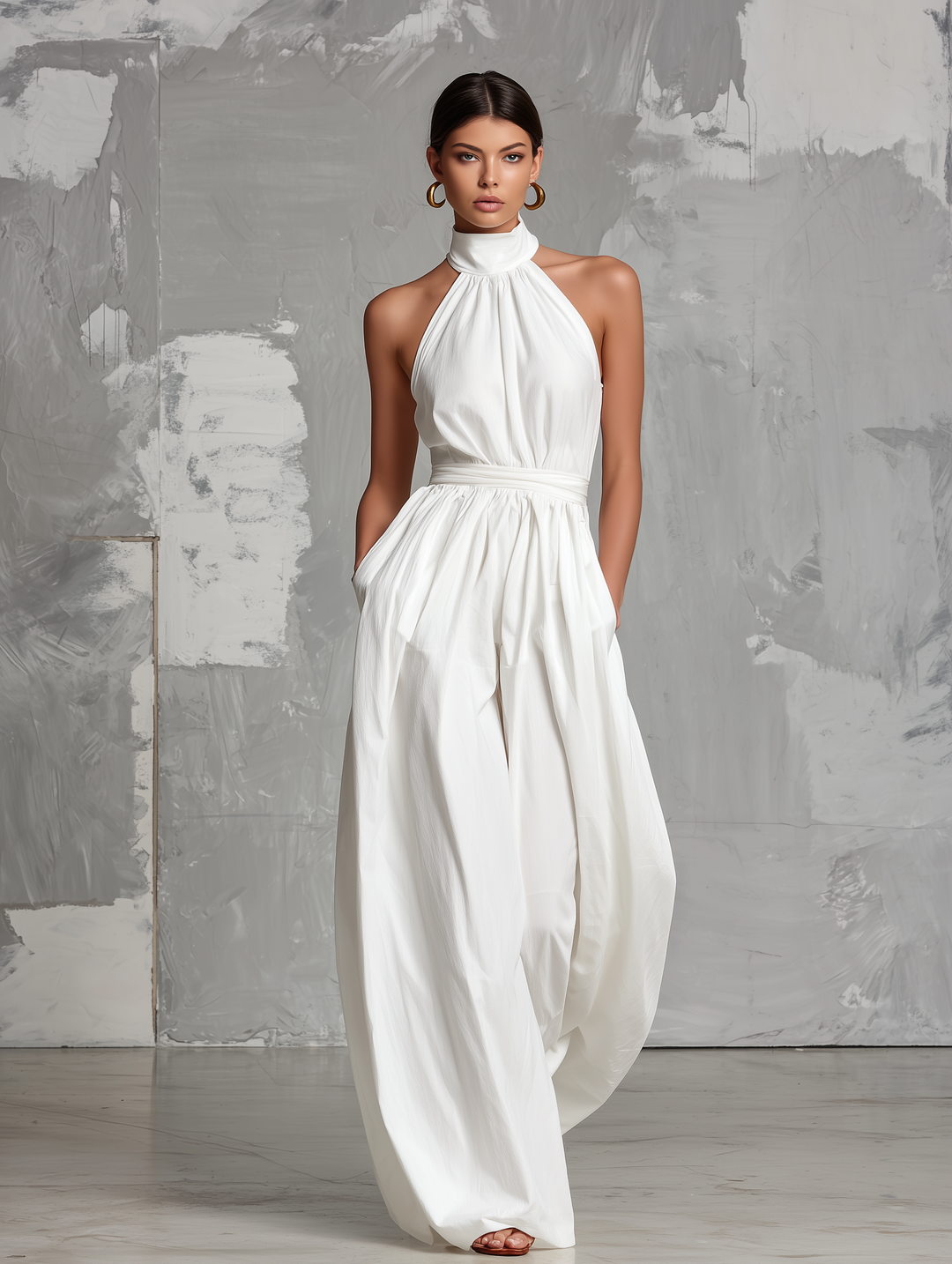 Combinazione elegante bianca tessuta, senza maniche, con colletto a halter