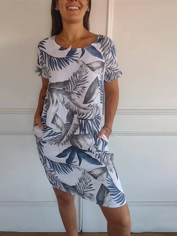 Abito estivo stampato in cotone e lino per donna con tasche