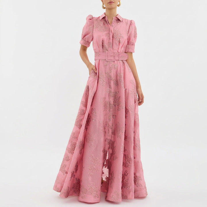 Matilde - Abito Lungo in Jacquard Floreale con Cintura