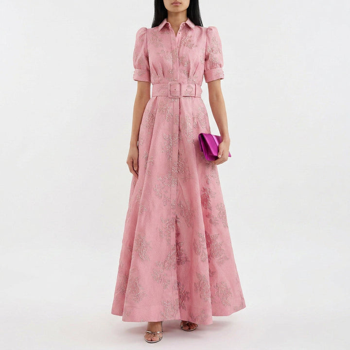 Matilde - Abito Lungo in Jacquard Floreale con Cintura
