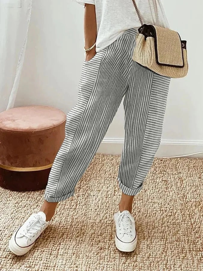 Pantaloni Donna Relaxed Fit a Righe Lunghezza Caviglia con Orlo