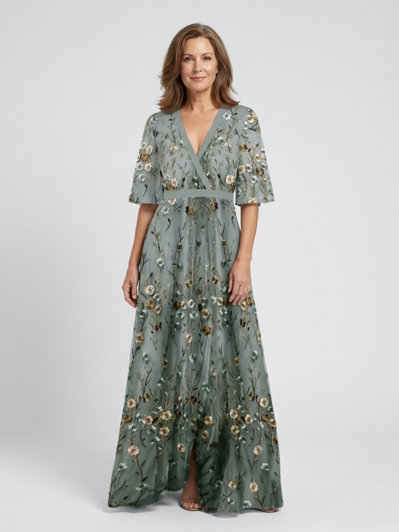 Ellis & Johnson™  | Abito Maxi a V Fiori con Maniche Corte
