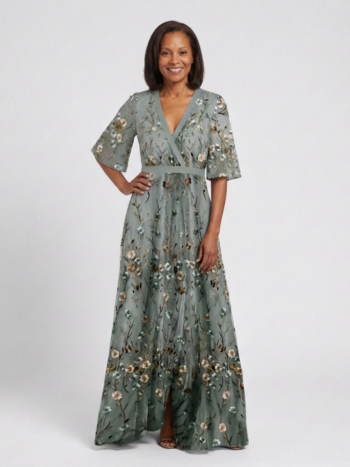 Ellis & Johnson™  | Abito Maxi a V Fiori con Maniche Corte