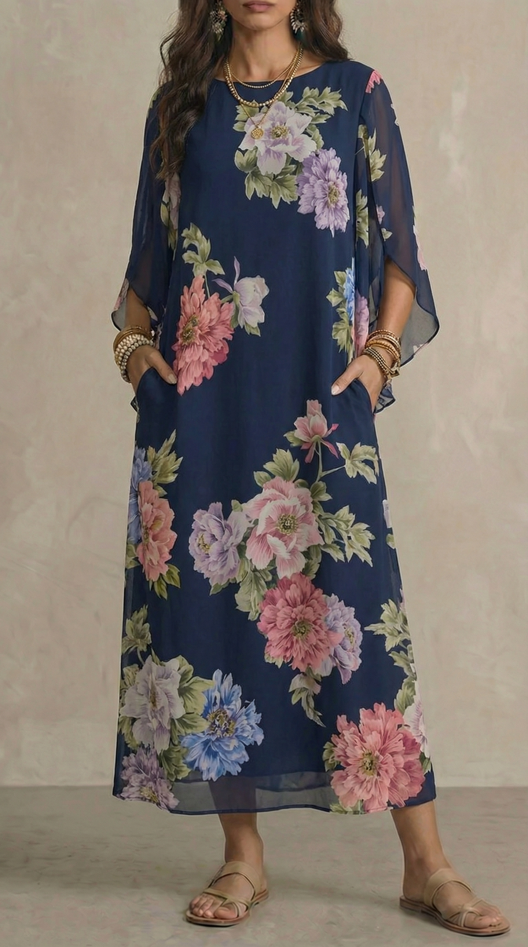 Maxi Abito in Chiffon con Motivo Floreale