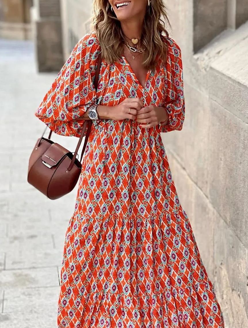 Abito Maxi Boho a Maniche Puff con Fantasia Floreale da Donna