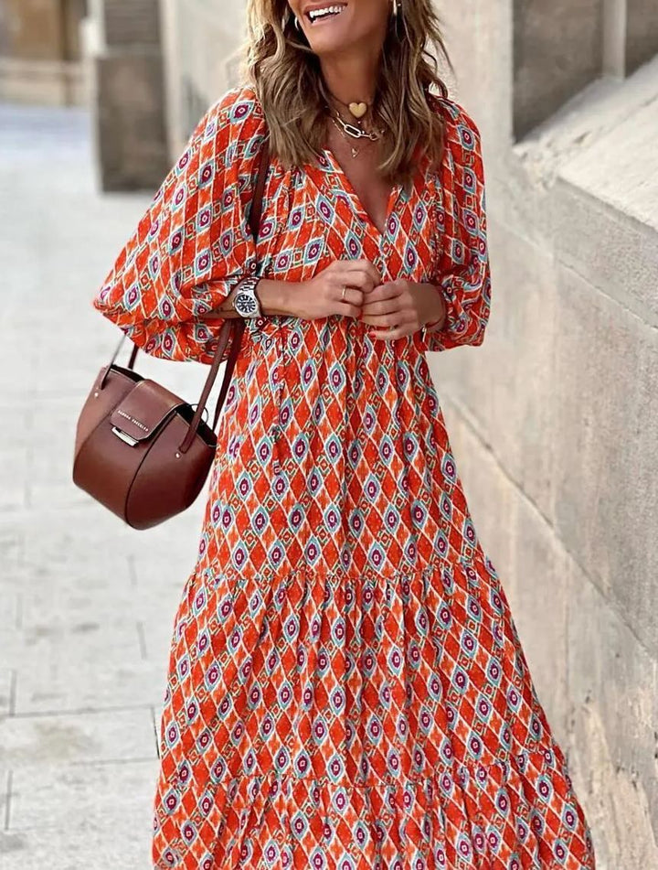 Abito Maxi Boho a Maniche Puff con Fantasia Floreale da Donna