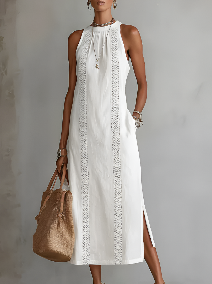 Abito Midi in Lino Elara con Collo Mao