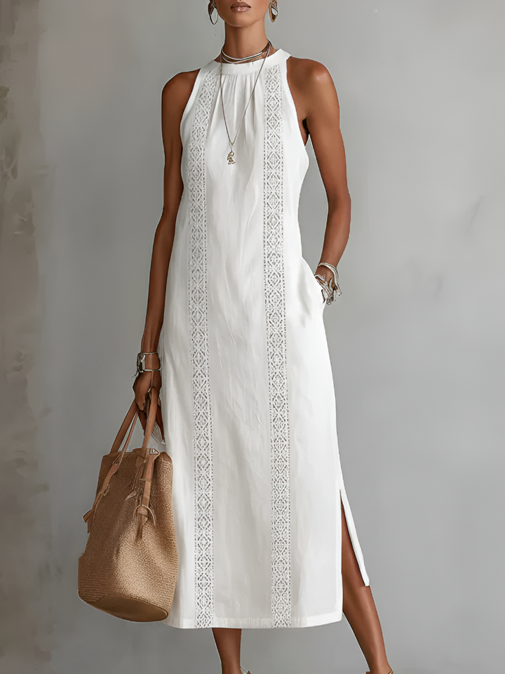 Abito Midi in Lino Elara con Collo Mao