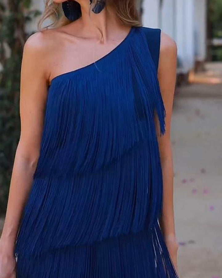 Abito elegante con frange Maya a spalle scoperte