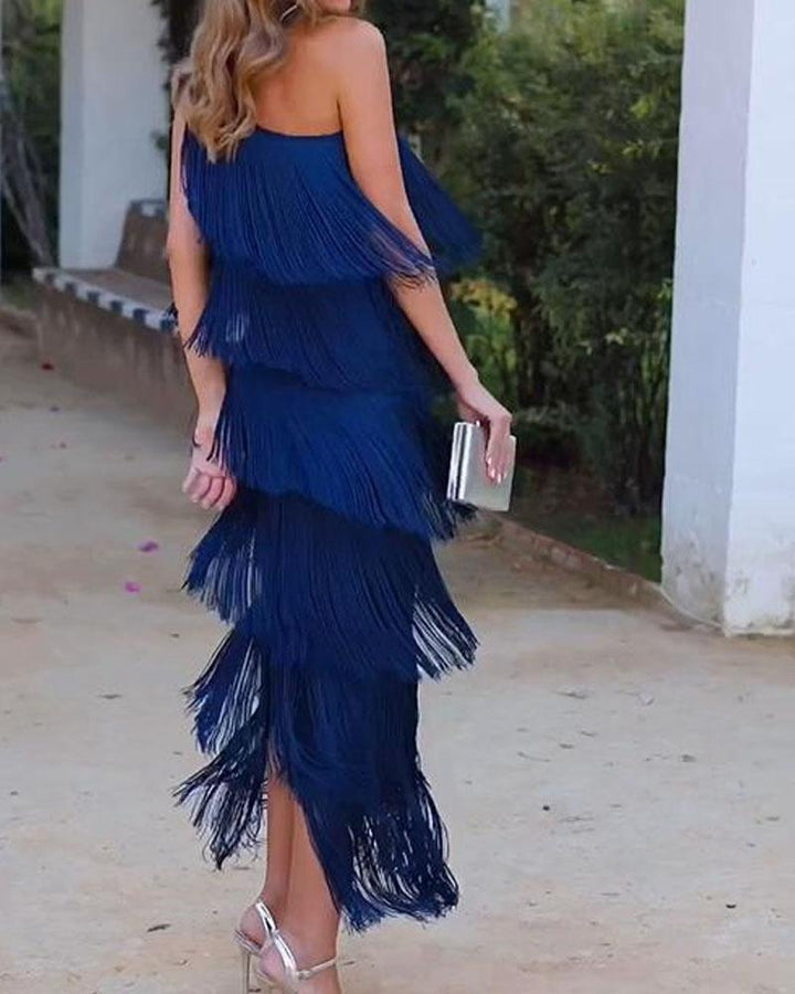 Abito elegante con frange Maya a spalle scoperte