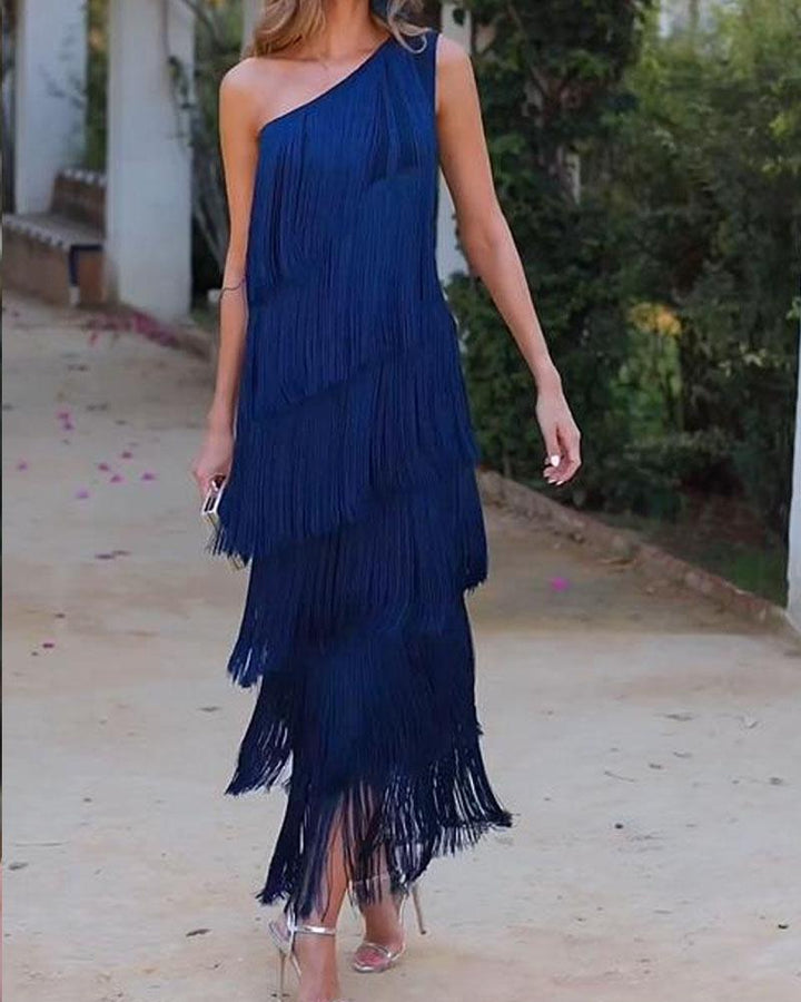 Abito elegante con frange Maya a spalle scoperte