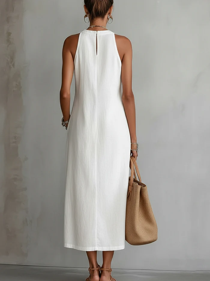 Ruth | Abito Maxi in Stile Lino con Collo alla Mao