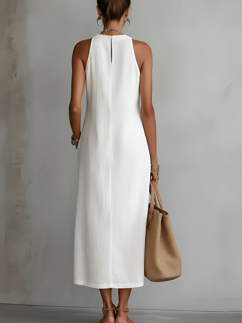 Abito Midi in Lino Elara con Collo Mao