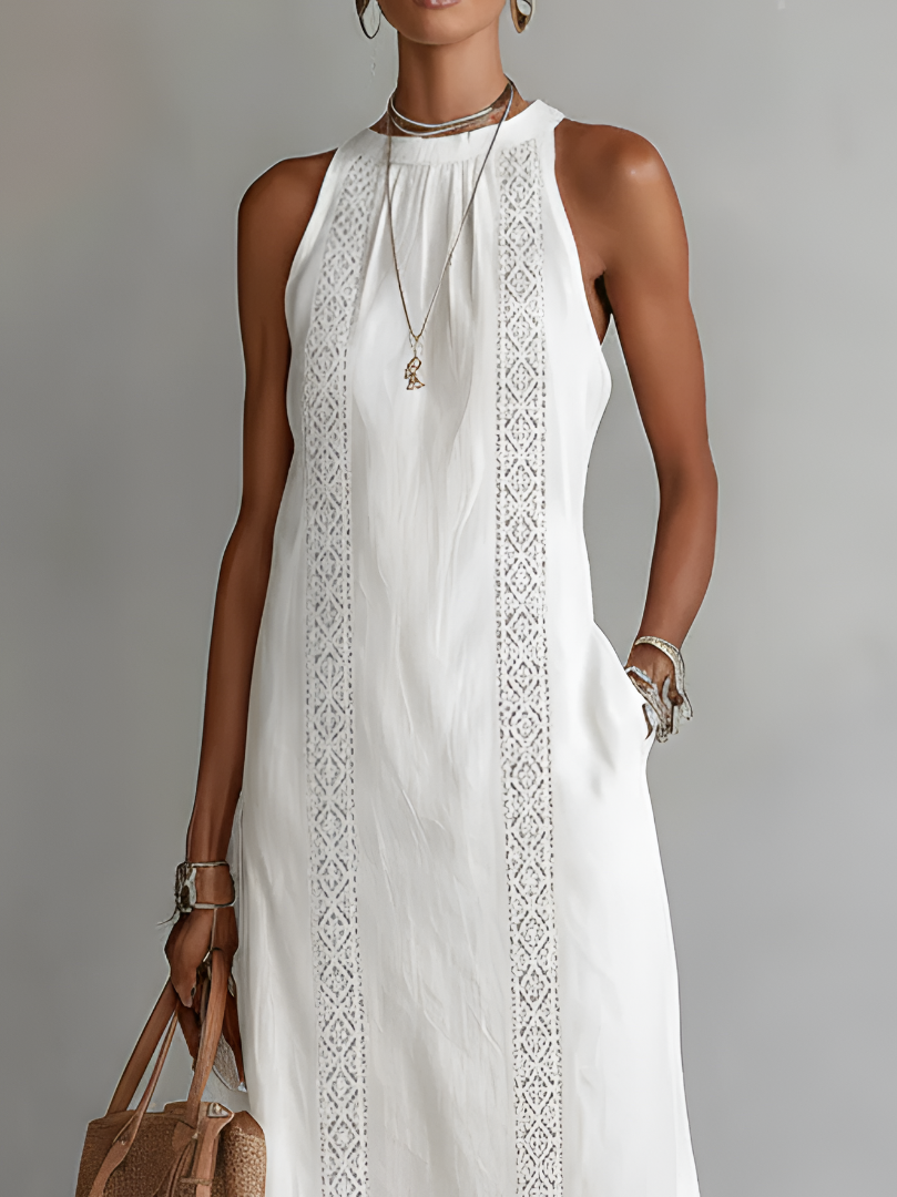 Abito Midi in Lino Elara con Collo Mao