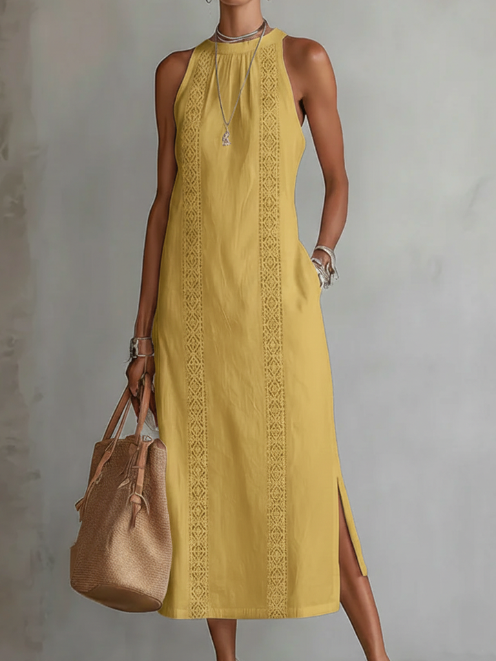 Abito Midi in Lino Elara con Collo Mao