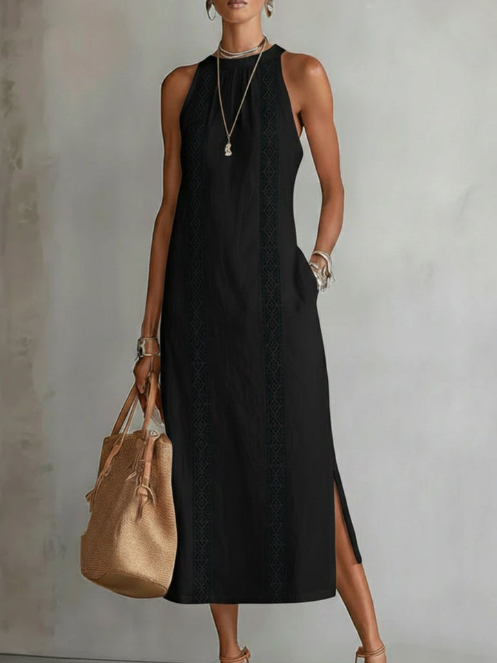Abito Midi in Lino Elara con Collo Mao