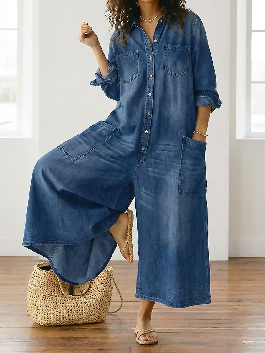 Diana | Tuta in denim di cotone morbido lavato vintage con chiusura a bottoni