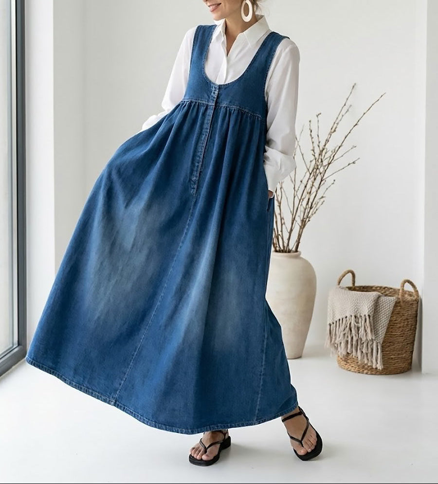 Karen | Abito Maxi in Denim Lavato Vintage con Sensazione di Cotone Morbido