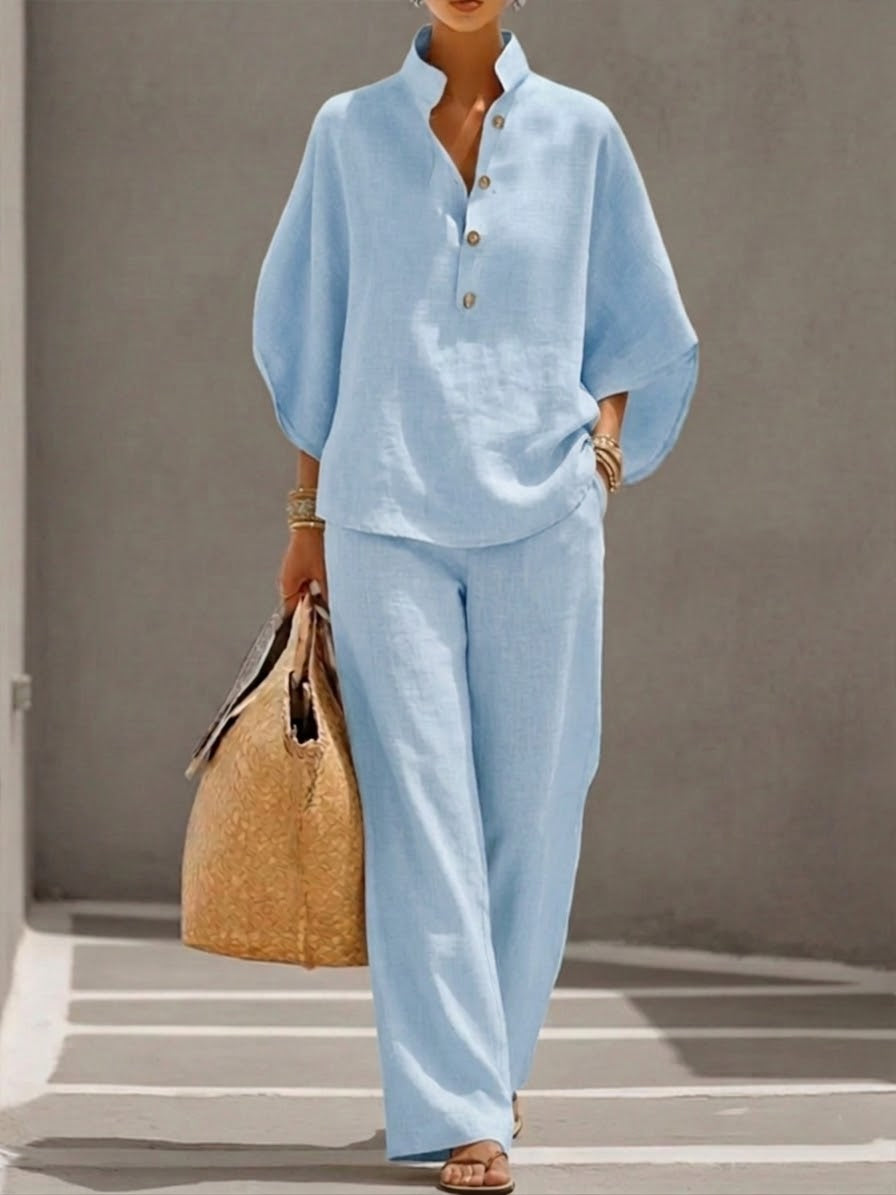 Eszter™ | Completo in cotone e tela con maniche a pipistrello e pantaloni a gamba larga