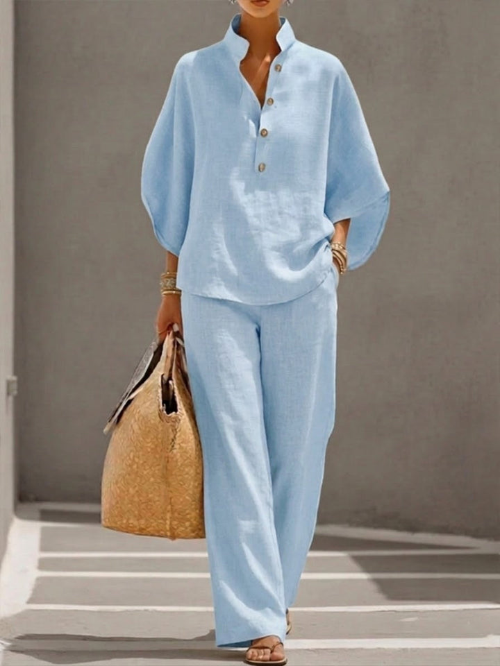 Eszter™ | Completo in cotone e tela con maniche a pipistrello e pantaloni a gamba larga