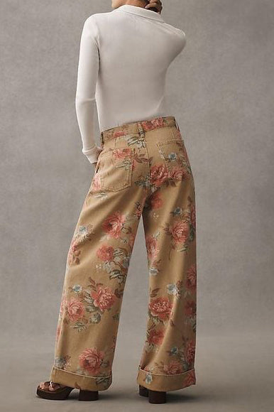 Pantaloni Casual a Vita Alta con Gamba Larga Floreali