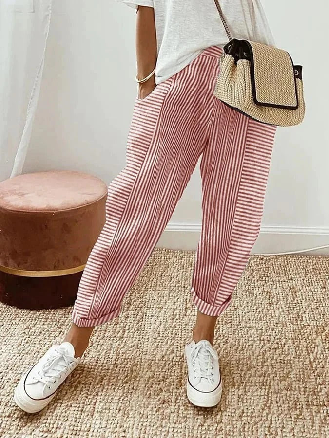 Pantaloni Donna Relaxed Fit a Righe Lunghezza Caviglia con Orlo