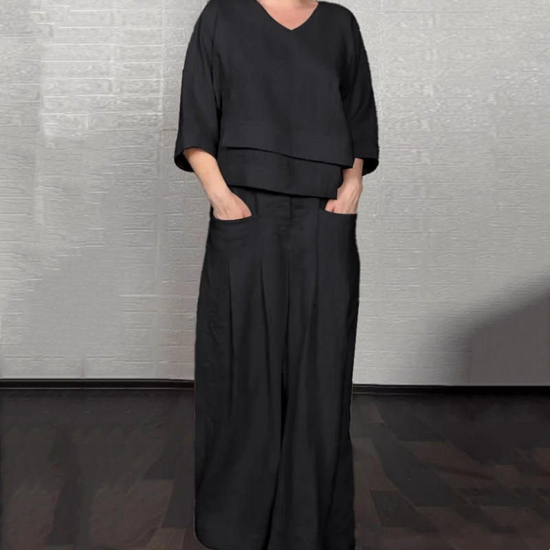 Liza - Completo in cotone e tela 2 pezzi - Top con scollo a V e pantaloni a gamba larga
