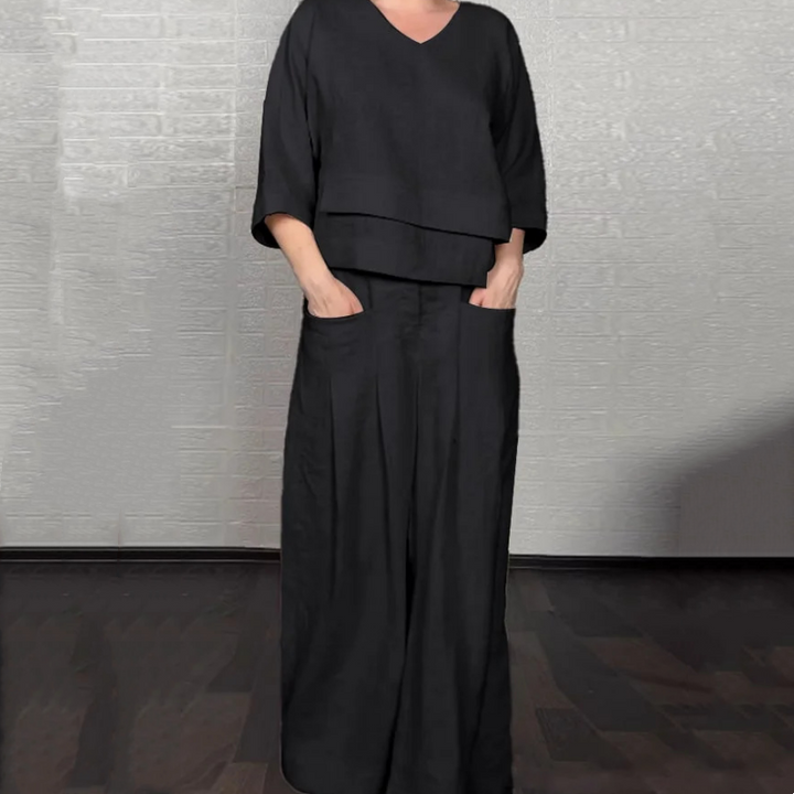 Liza - Completo in cotone e tela 2 pezzi - Top con scollo a V e pantaloni a gamba larga