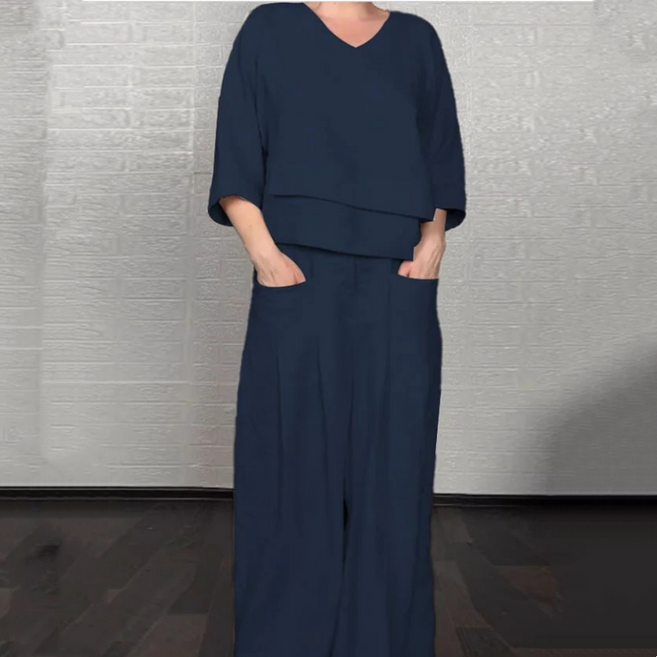 Liza - Completo in cotone e tela 2 pezzi - Top con scollo a V e pantaloni a gamba larga