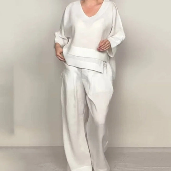 Liza - Completo in cotone e tela 2 pezzi - Top con scollo a V e pantaloni a gamba larga