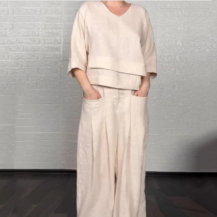 Liza - Completo in cotone e tela 2 pezzi - Top con scollo a V e pantaloni a gamba larga
