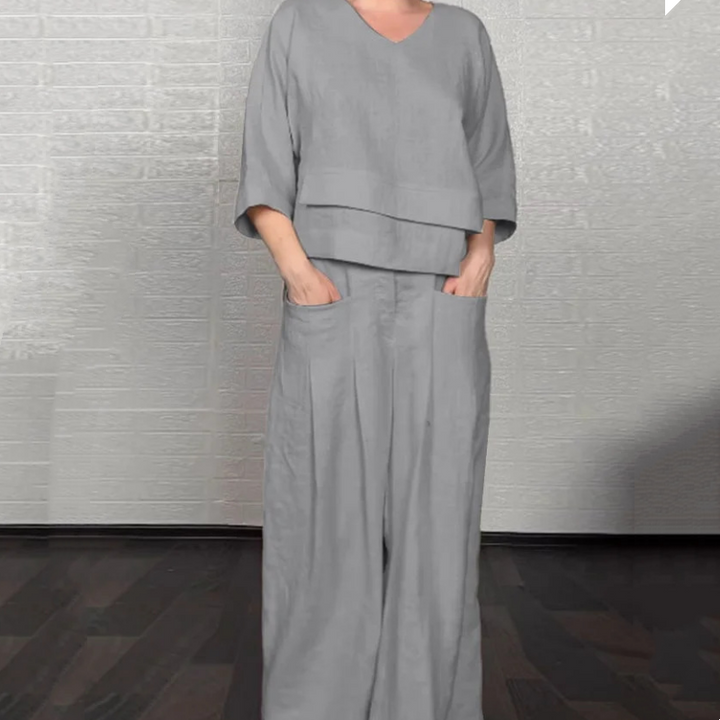 Liza - Completo in cotone e tela 2 pezzi - Top con scollo a V e pantaloni a gamba larga