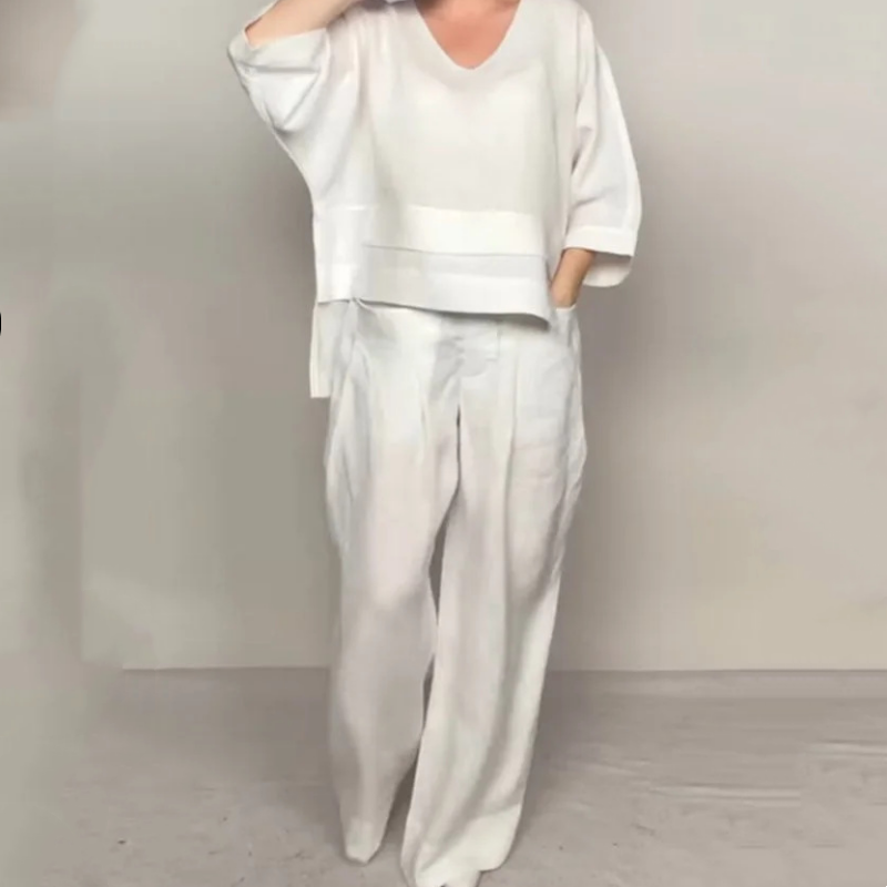Liza - Completo in cotone e tela 2 pezzi - Top con scollo a V e pantaloni a gamba larga