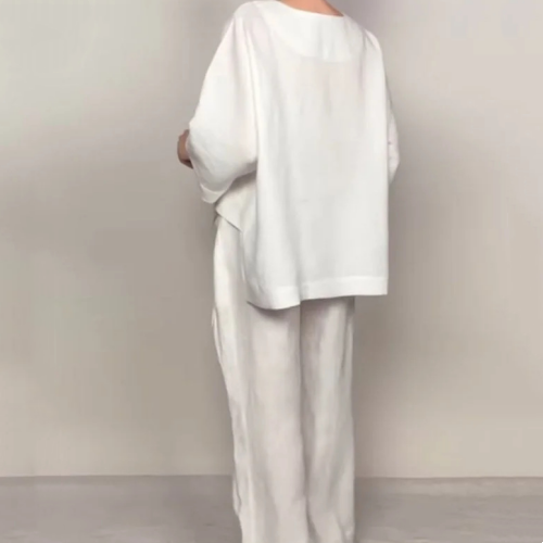 Liza - Completo in cotone e tela 2 pezzi - Top con scollo a V e pantaloni a gamba larga
