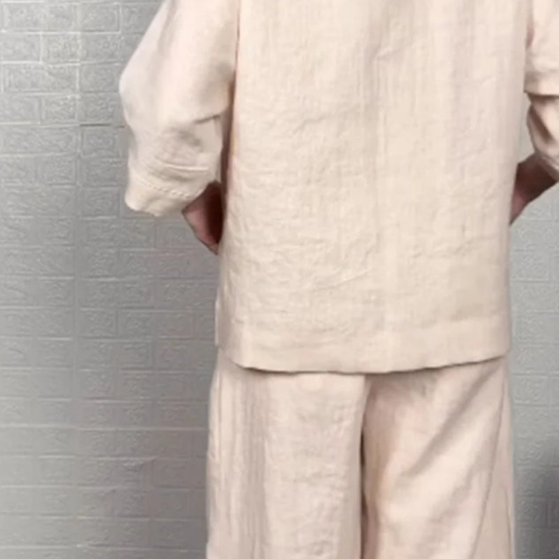 Liza - Completo in cotone e tela 2 pezzi - Top con scollo a V e pantaloni a gamba larga