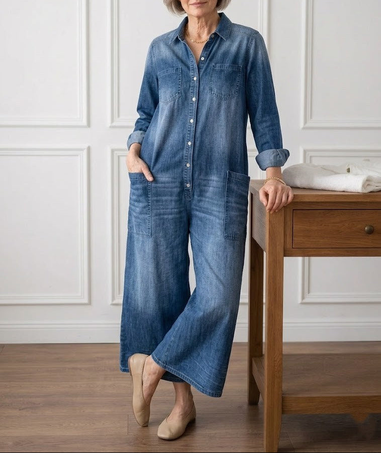 Diana | Tuta in denim di cotone morbido lavato vintage con chiusura a bottoni