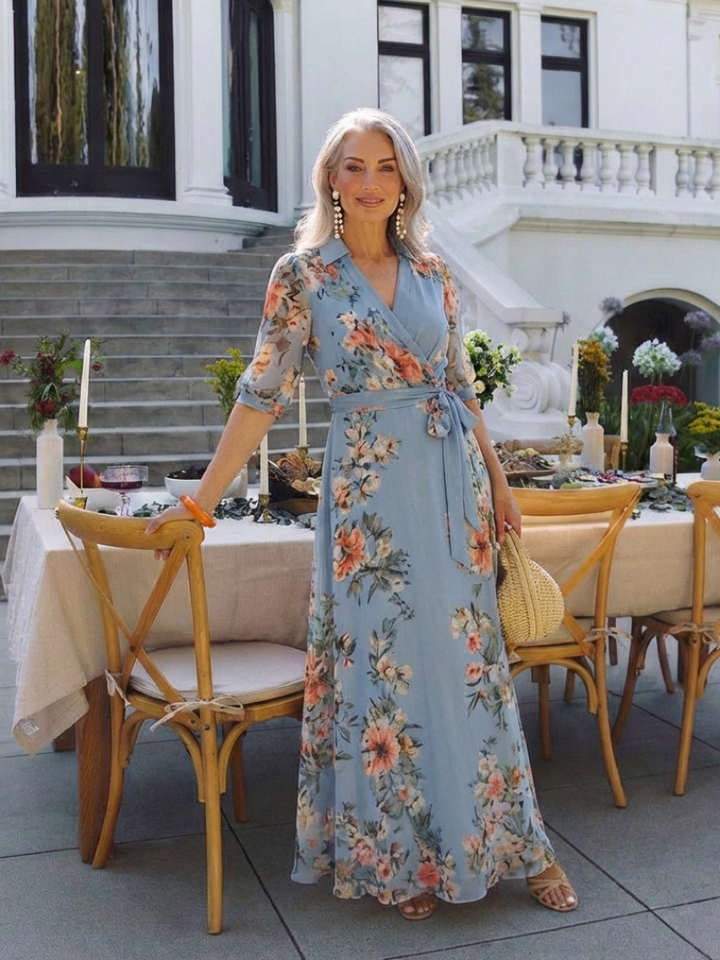 Elowen | Vestito Maxi con Scollo a V e Motivo Floreale